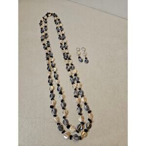 Vintage Beaded Black Cream Silver Gray long beaded necklace and earring set